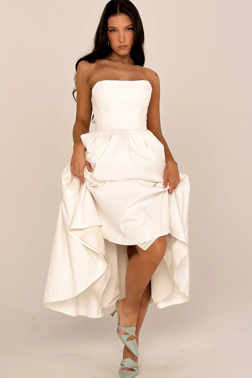 white strapless midi sundress