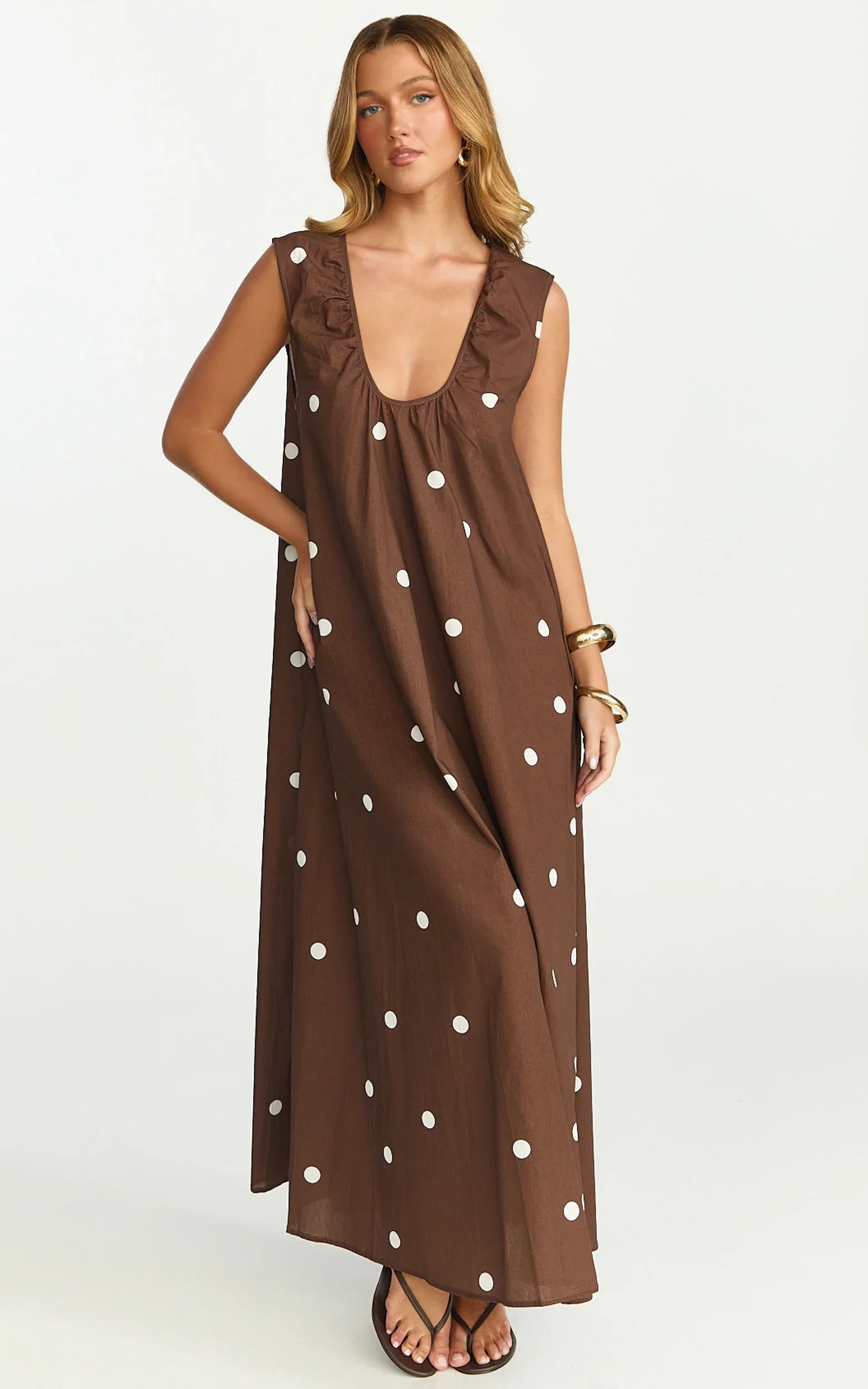 Simone Maxi Dress U Halter Neck Linen Polkadot Dress in Chocolate