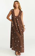 Simone Maxi Dress U Halter Neck Linen Polkadot Dress in Chocolate