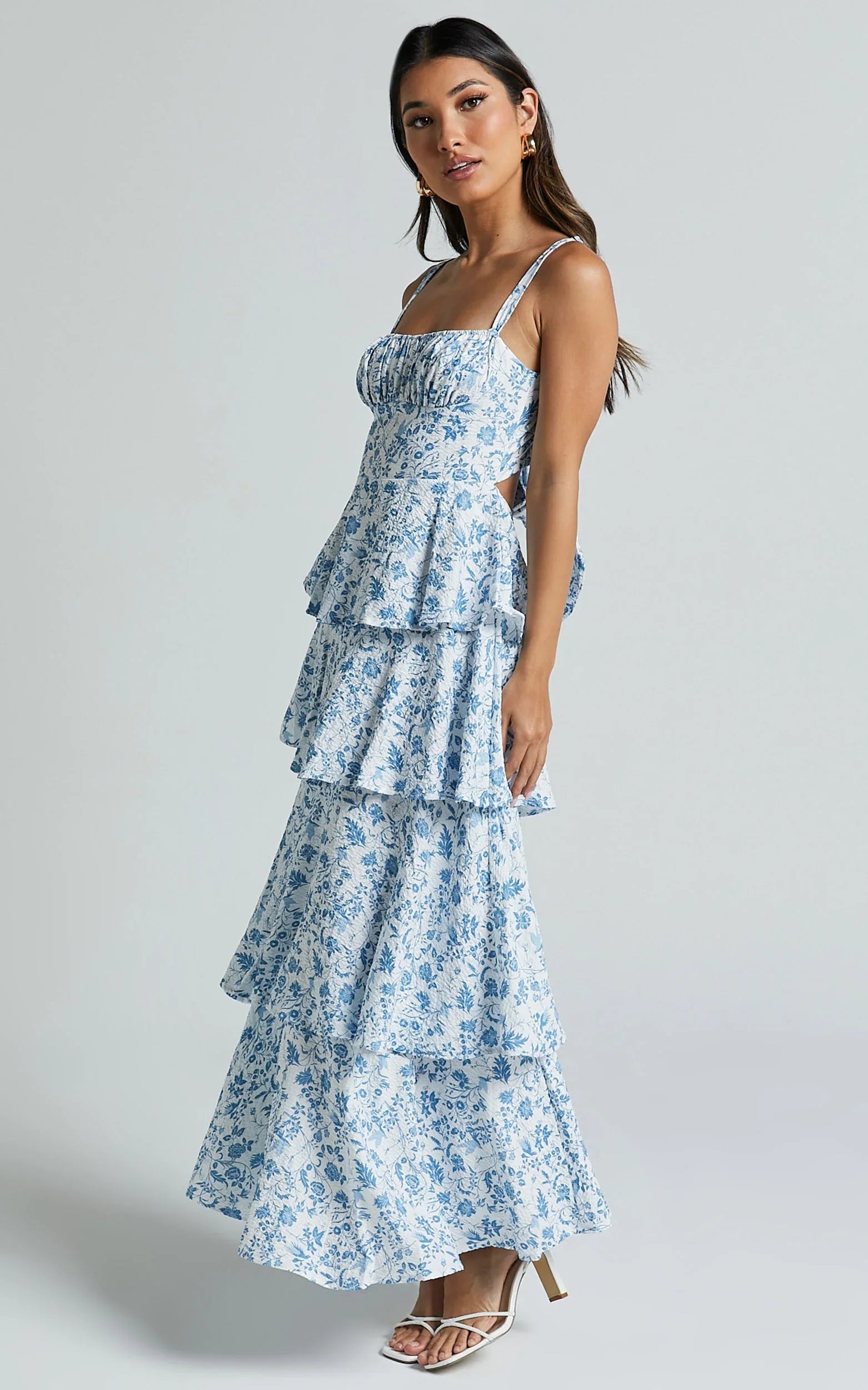 Lorma Midi Dress Ruched Layered Dress in Blue Floral