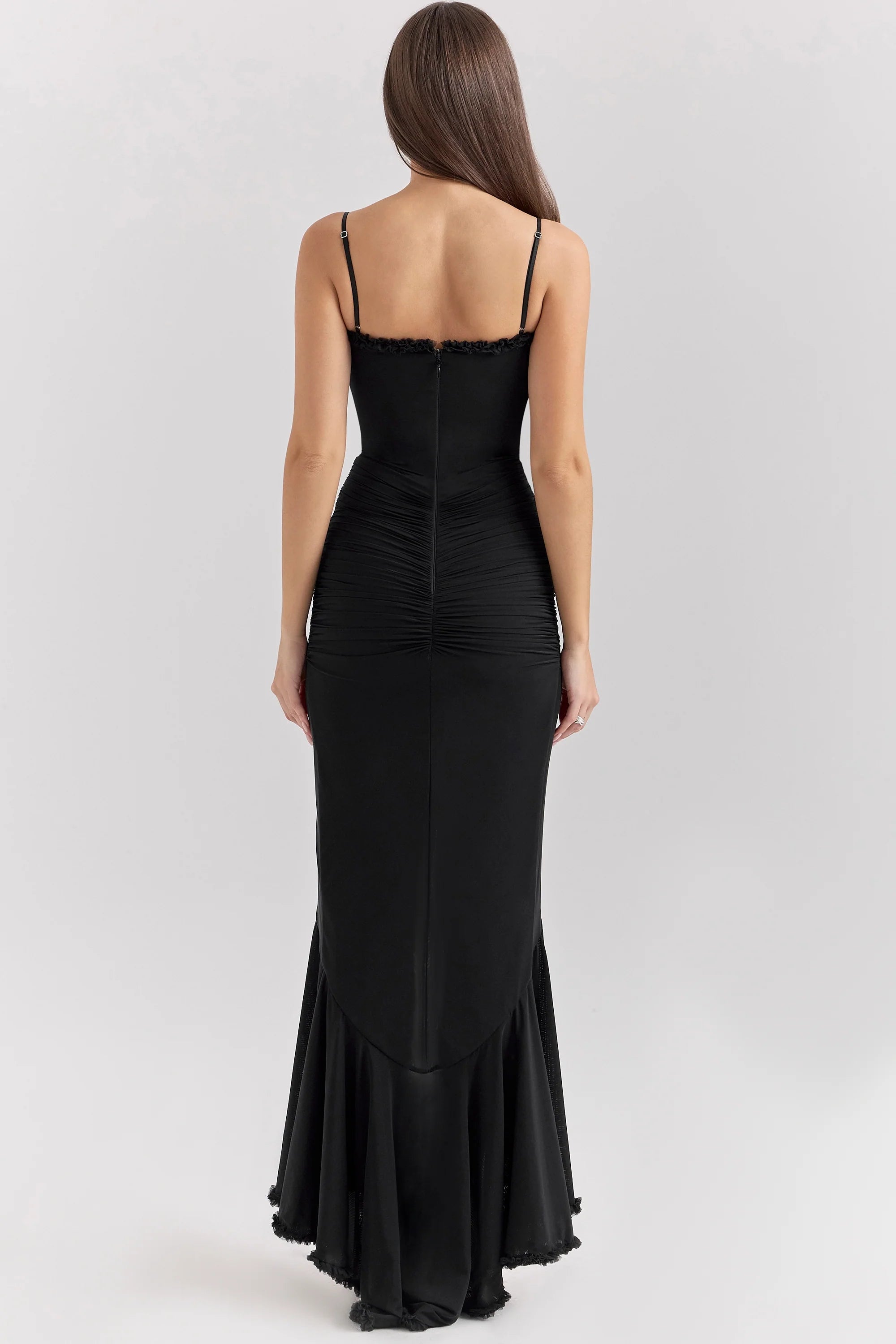 black mesh ruffled front gown