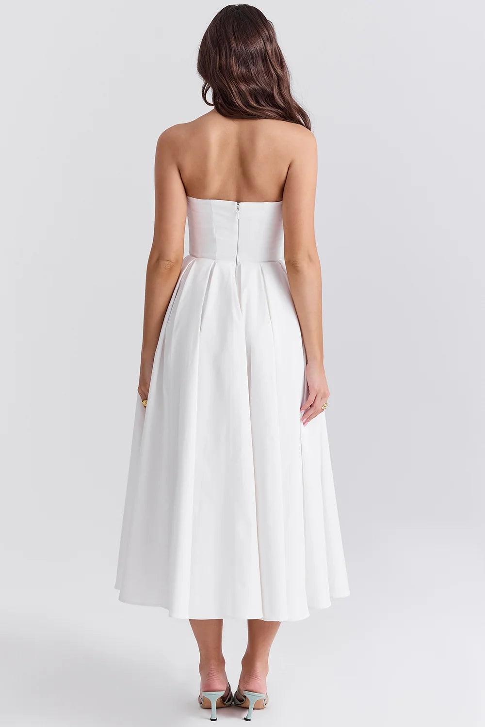 white strapless midi sundress