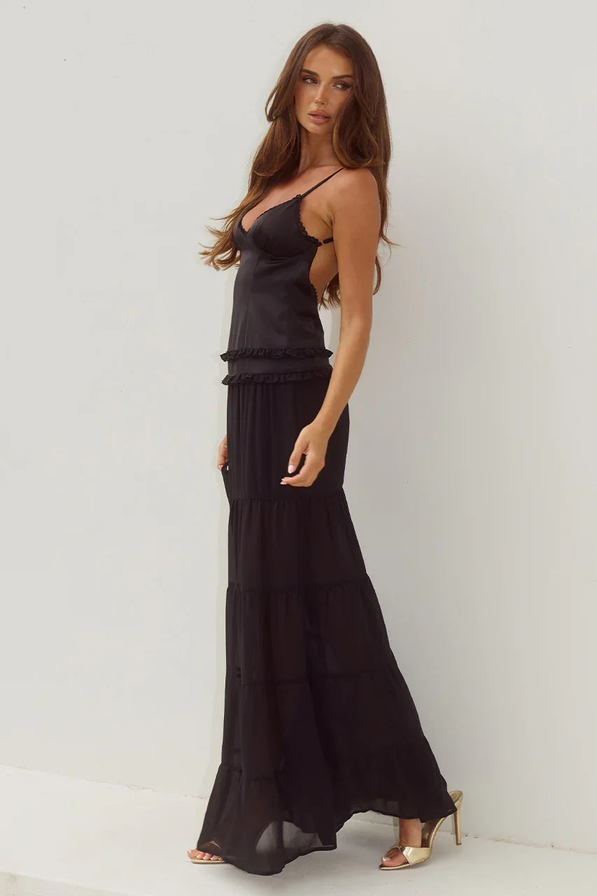 ROSETTA BACKLESS TIERED MAXI DRESS BLACK