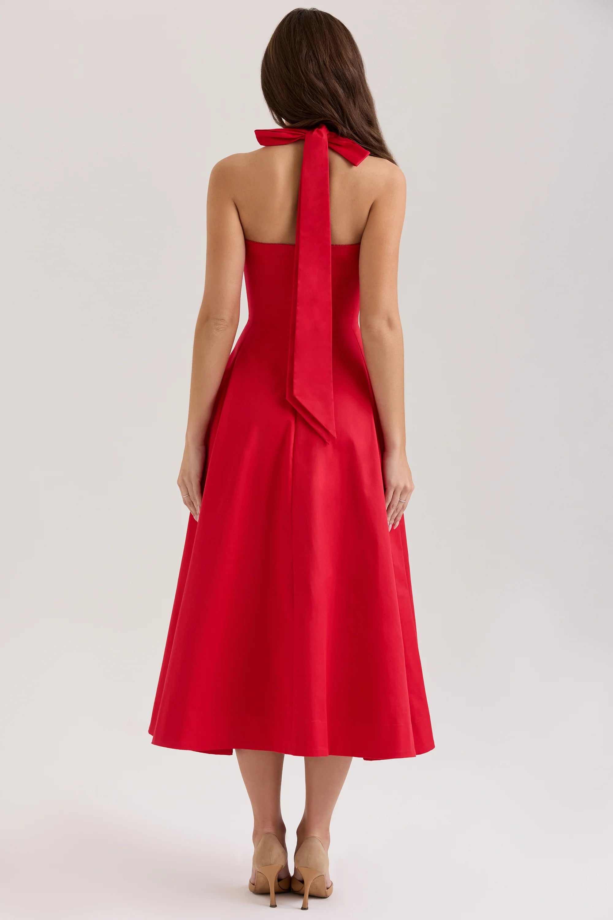 red stretch cotton button halter neck midi dress