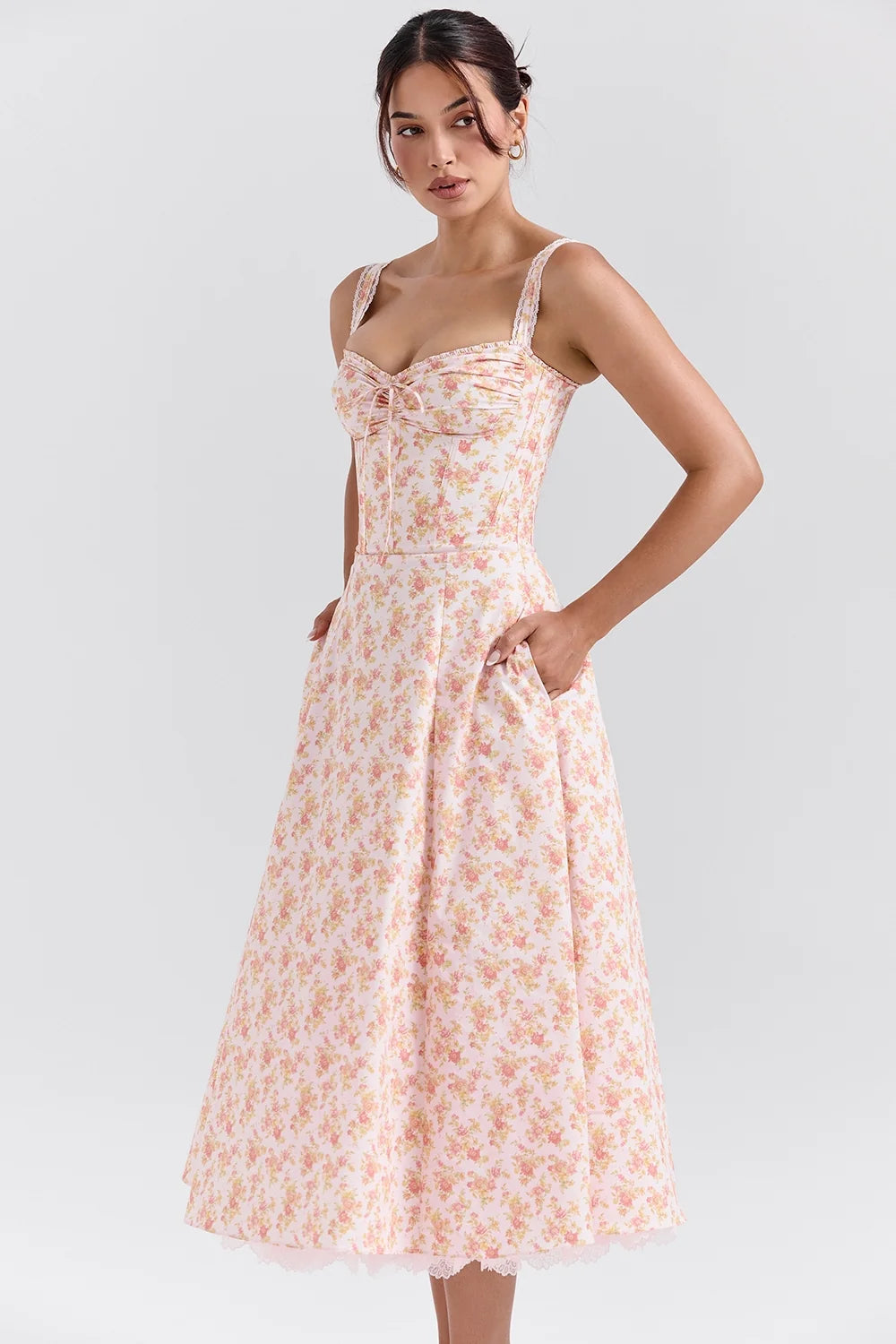 peach poppy print cotton bustier sundress