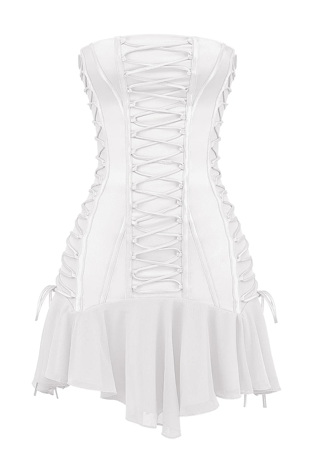 white strapless lace up mini dress