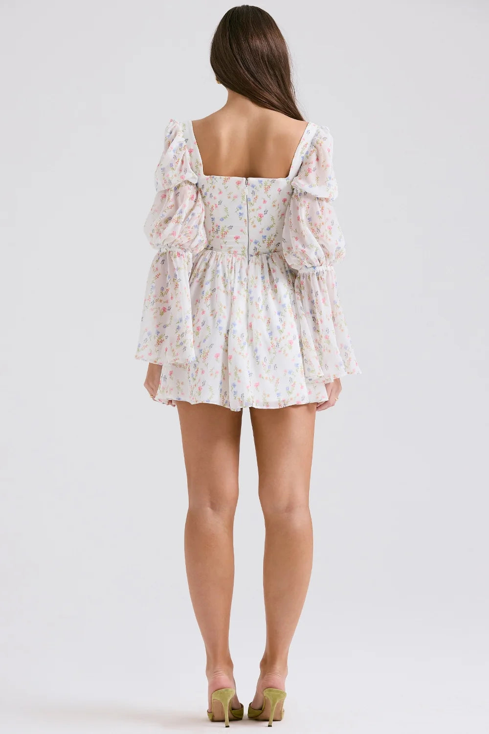 white posy print puff sleeve mini dress