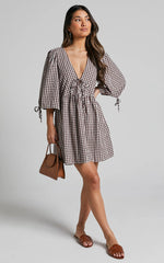 Rosita Mini Dress Tie Front Puff Sleeve Dress in Brown and White Check