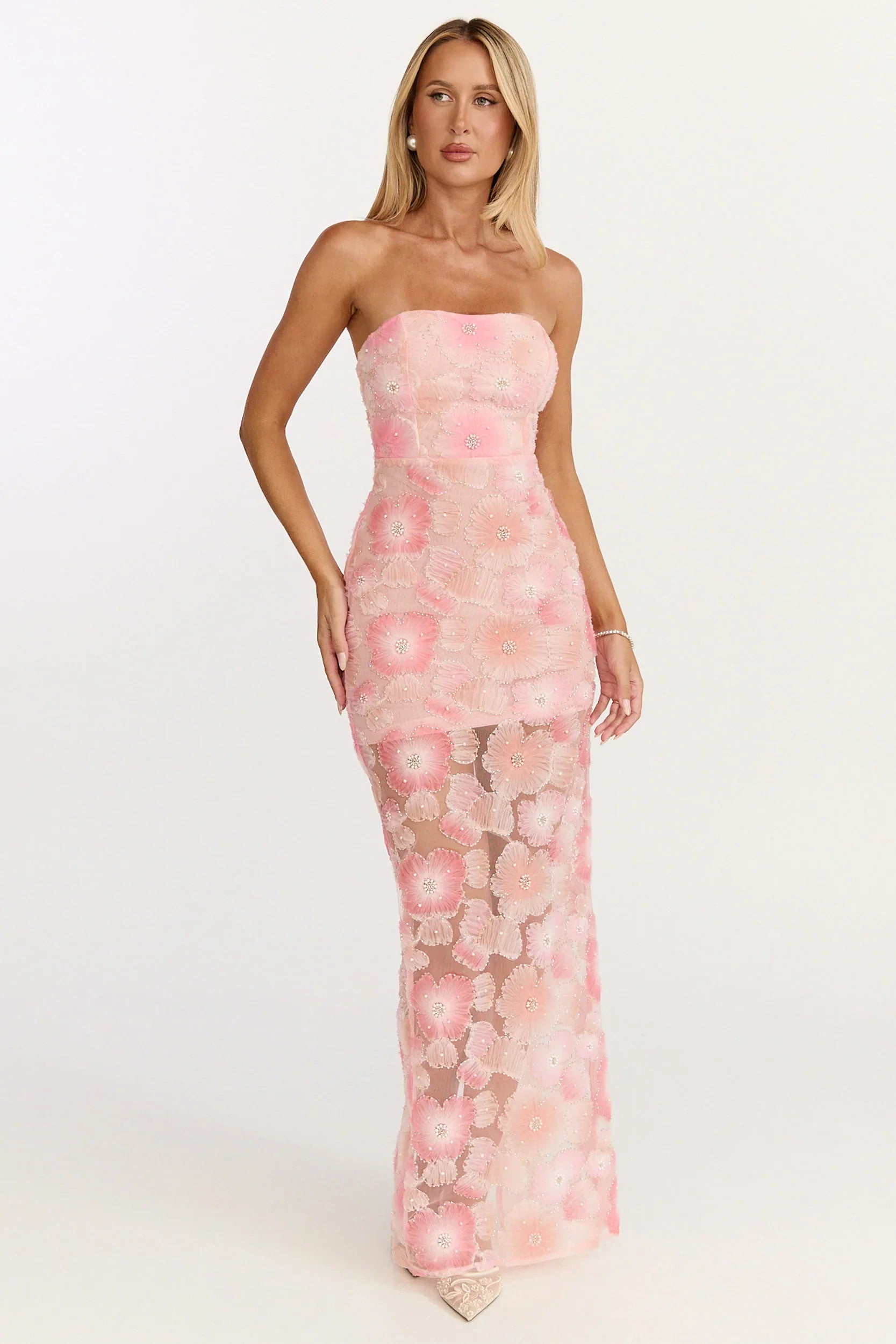 Lima Maxi Dress Strapless Floral Embellished Column Dress in Pink