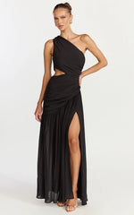 Darcy Maxi Dress One Shoulder Side Cut Out Gathered Dress in Black