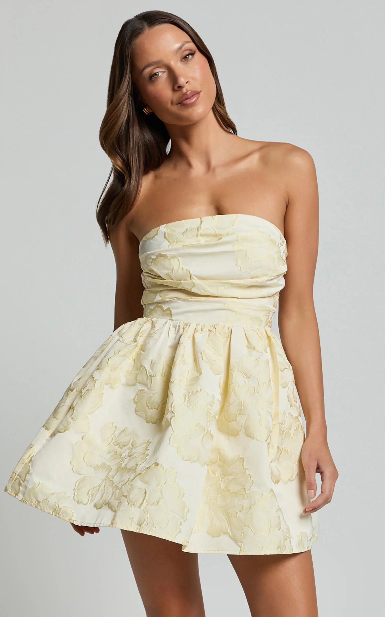 Laure Mini Dress Strapless Jacquard Dress in Lemon