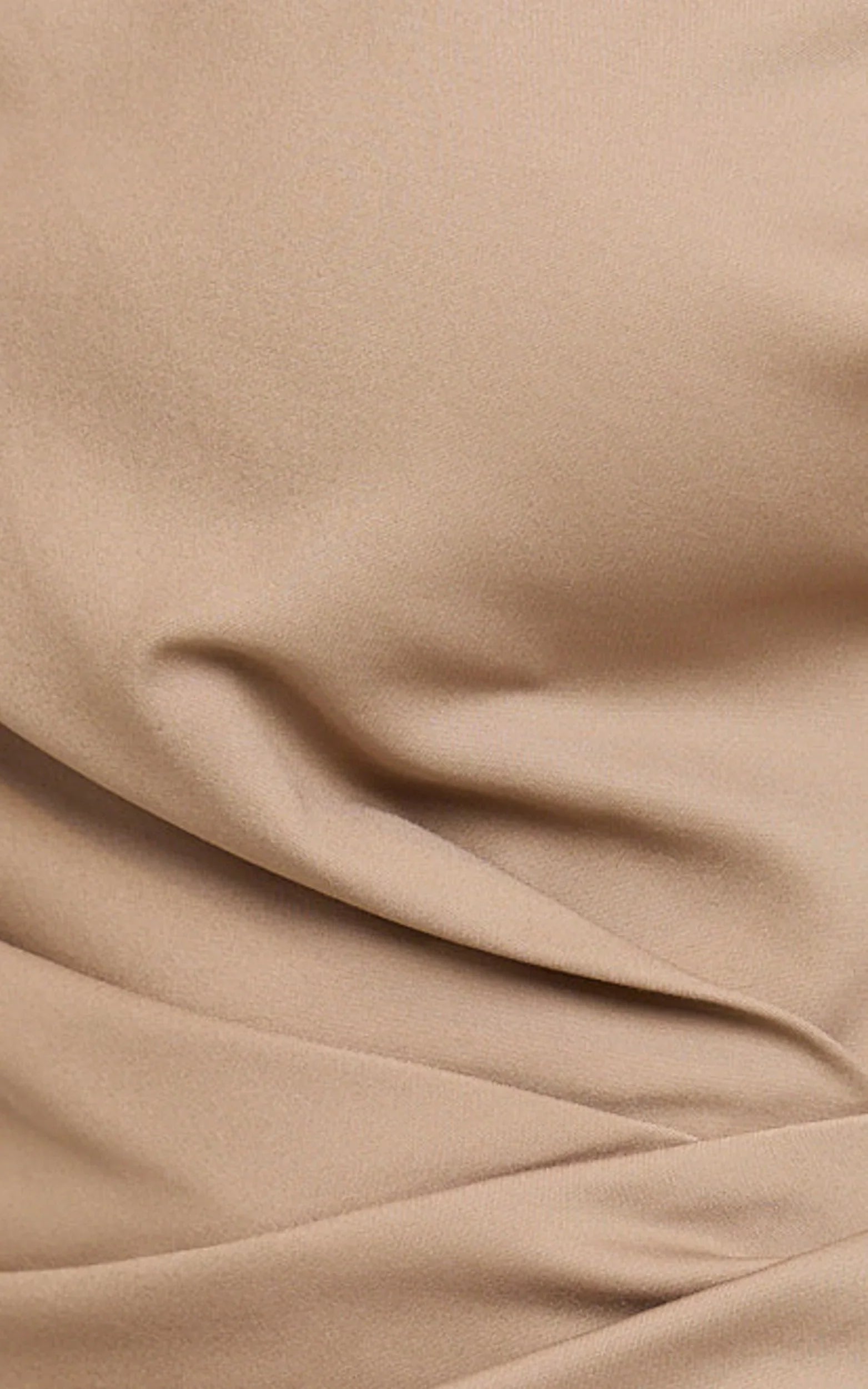Alexandria Midi Dress Tip Shoulder Draped Fitted Dress in Mocha