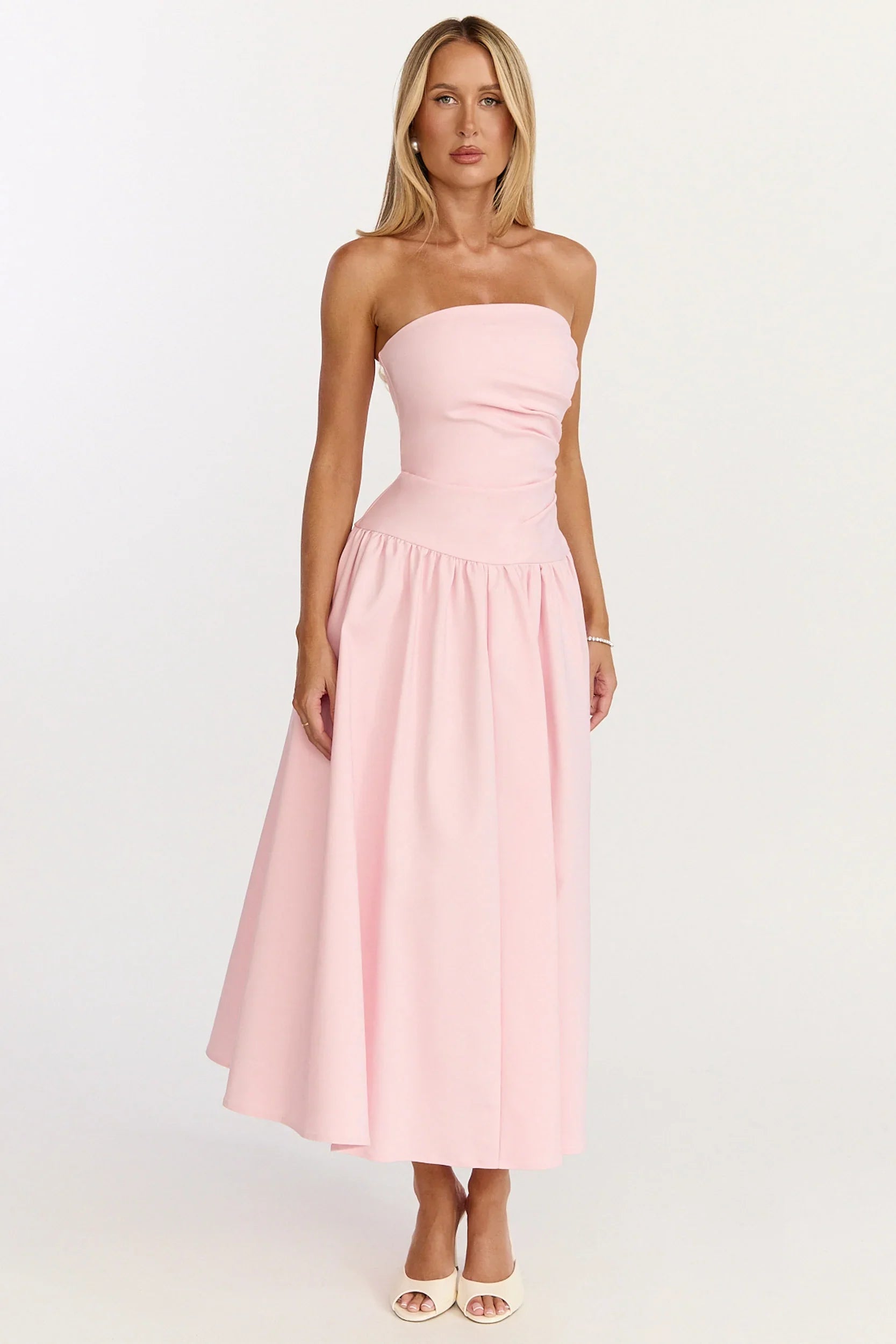 Louisa Maxi Dress Strapless Side Ruched Dropped Waist Fit And Flare Dress in Pink