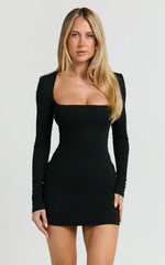 Benji Mini Dress Square Neck Long Sleeve Bodycon Dress in Black