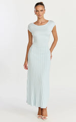 Jadey Midi Dress Cap Sleeve Pleated Dress in Pale Blue