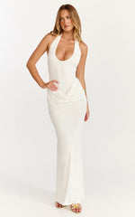 Heath Maxi Dress Scoop Halter Neck With Drape Front Skirt Back Split Dress in Off White
