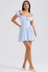 soft blue cotton gathered mini dress