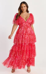 Leianna Midi Dress Tulle Flutter Sleeve Tiered Ruffle Dress in Sunset Floral