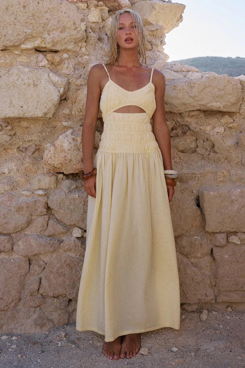 ADORA STRAPPY SHIRRED MAXI DRESS LEMON