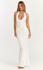 Heath Maxi Dress Scoop Halter Neck With Drape Front Skirt Back Split Dress in Off White