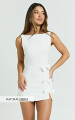 Arna Mini Dress High Neck Fitted Bow Detail Leg Split Fitted Dress in White