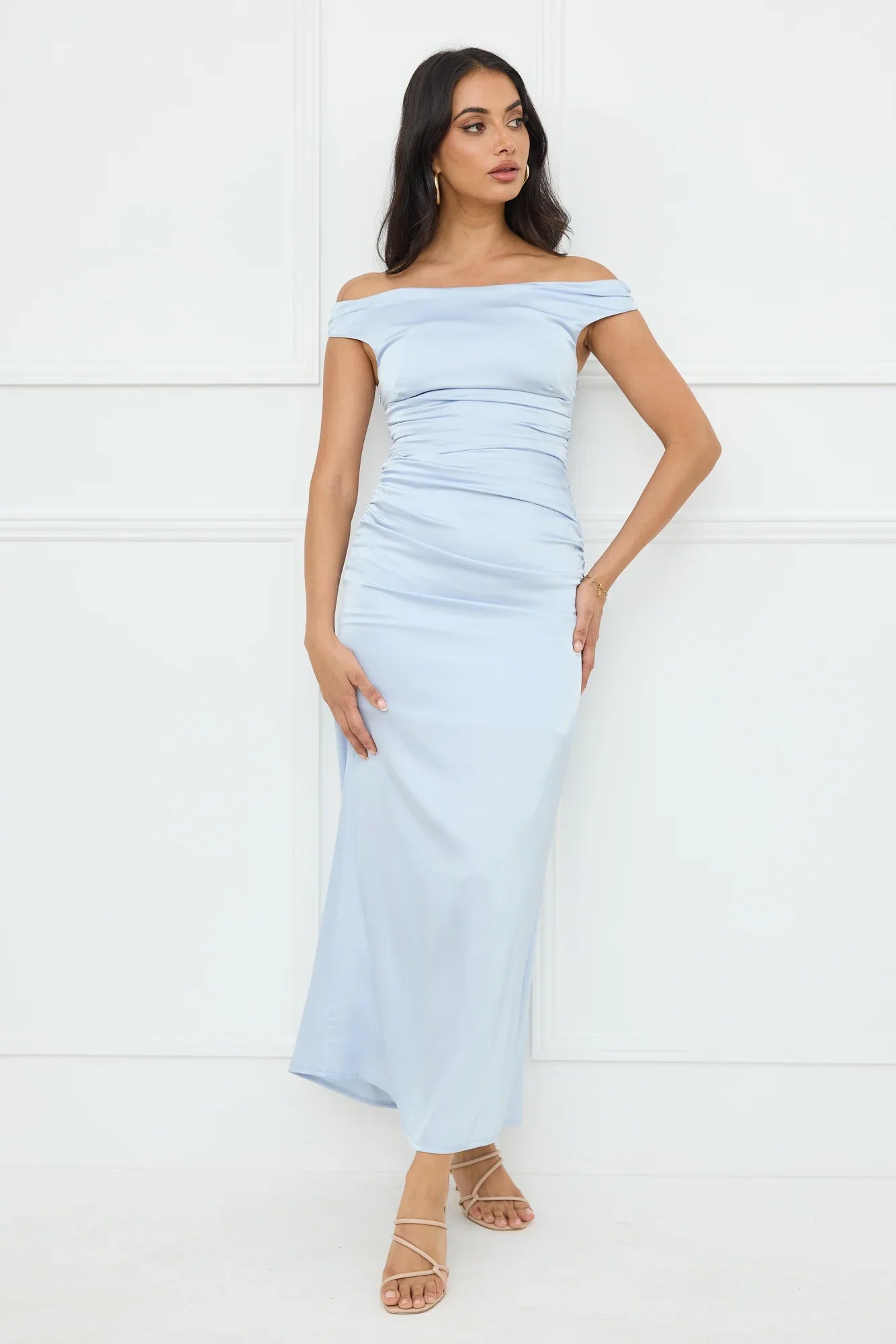 Polished Radiance Off Shoulder Satin Maxi Dress Blue