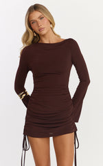 Primrose Mini Dress Slash Neck Long Sleeve A Line Dress in Chocolate
