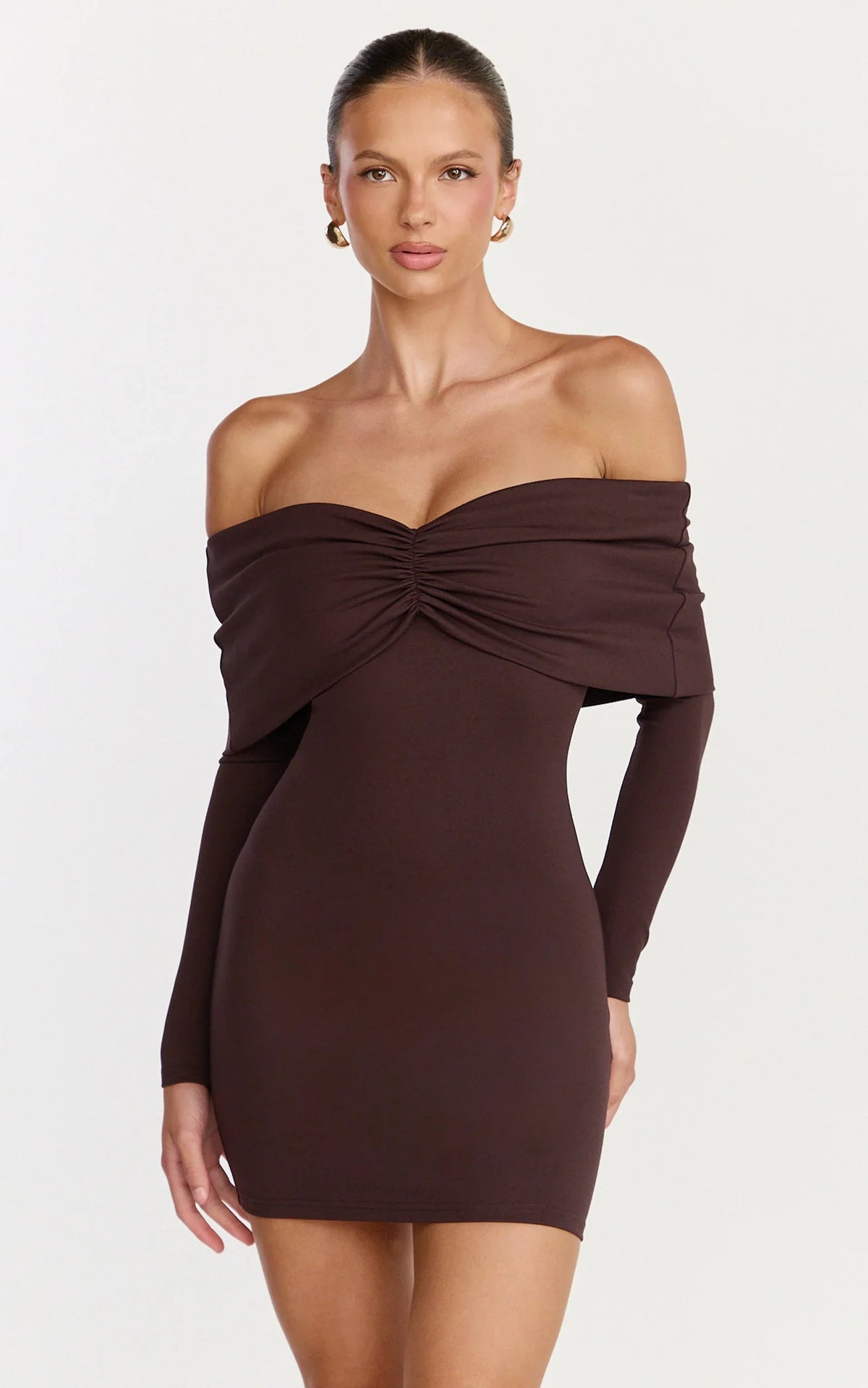 Rani Mini Dress Off Shoulder Long Sleeve Bodycon Dress in Chocolate