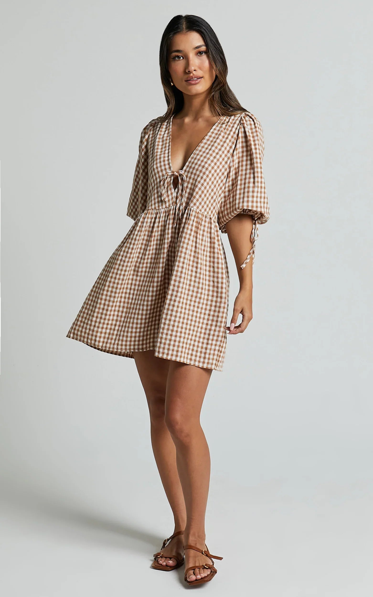 Rosita Mini Dress Tie Front Puff Sleeve Dress in Caramel White Gingham