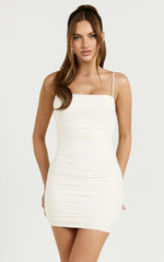 Lupita Mini Dress Ruched Square Neck Mini Dress in Cream
