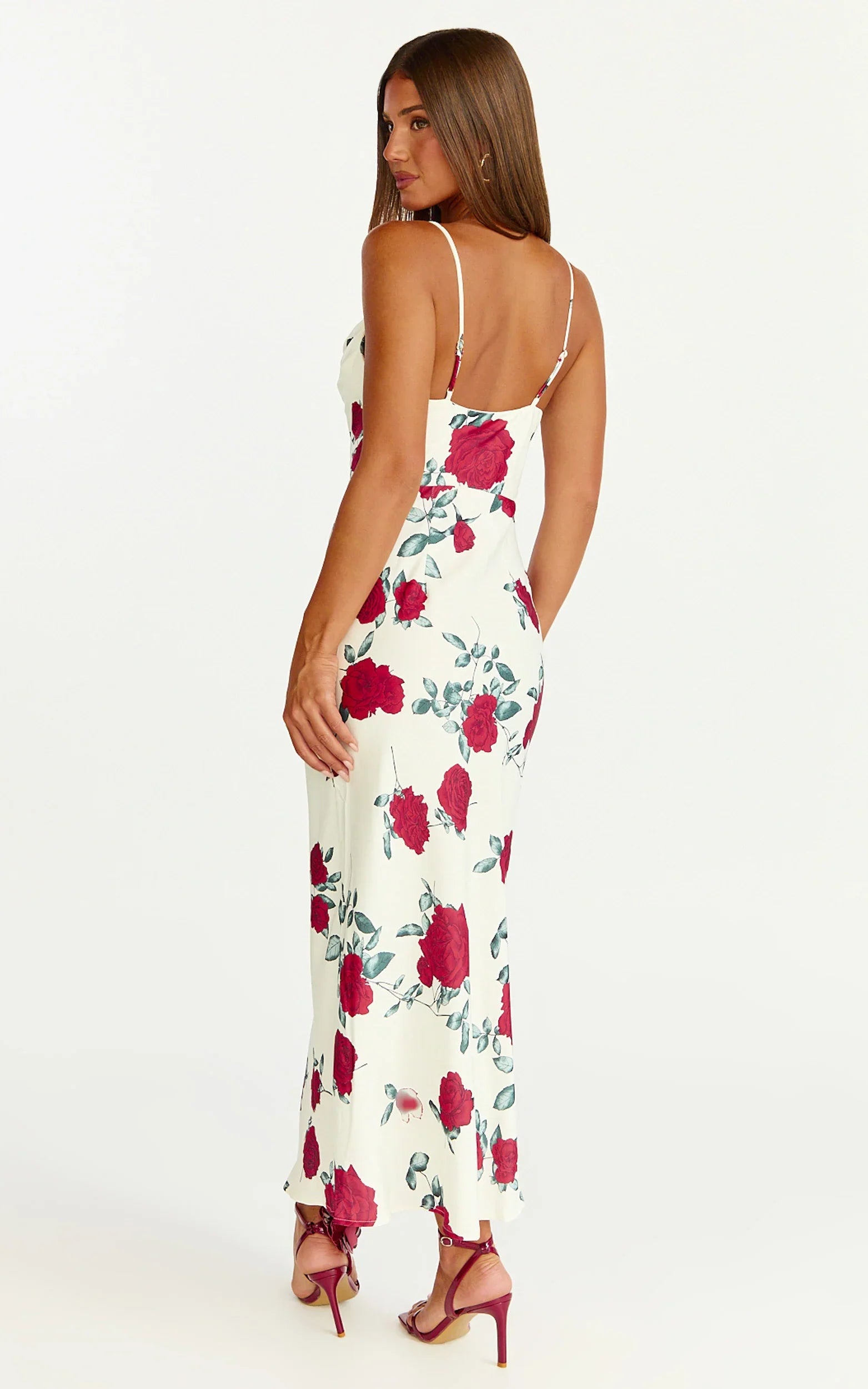 Dahlia Midi Dress Cowl Neck A Line Dress in Scarlet Rose Print