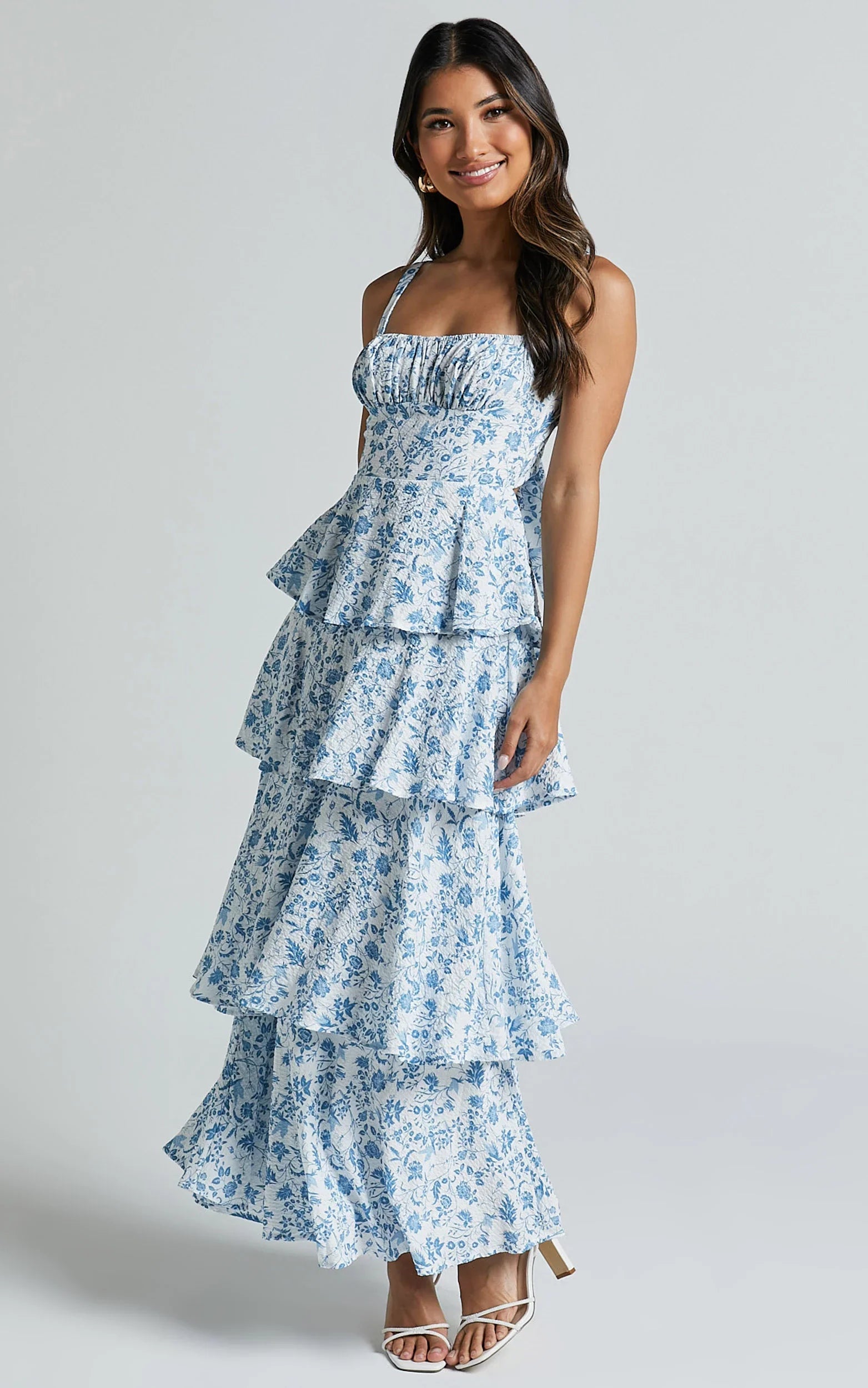 Lorma Midi Dress Ruched Layered Dress in Blue Floral