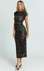 Emma Midi Dress Lace Cap Sleeve Bodycon Dress in Black