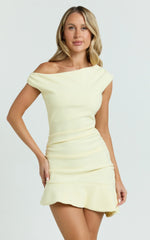 Goldie Mini Dress Tipped Off Shoulder Cap Sleeve Ruched Fitted Ruffle Hem Skirt Dress in Lemon