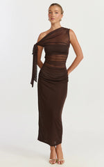 Astrid Midi Dress Asymmetrical Off Shoulder Tie Detail Dress in Chocolate