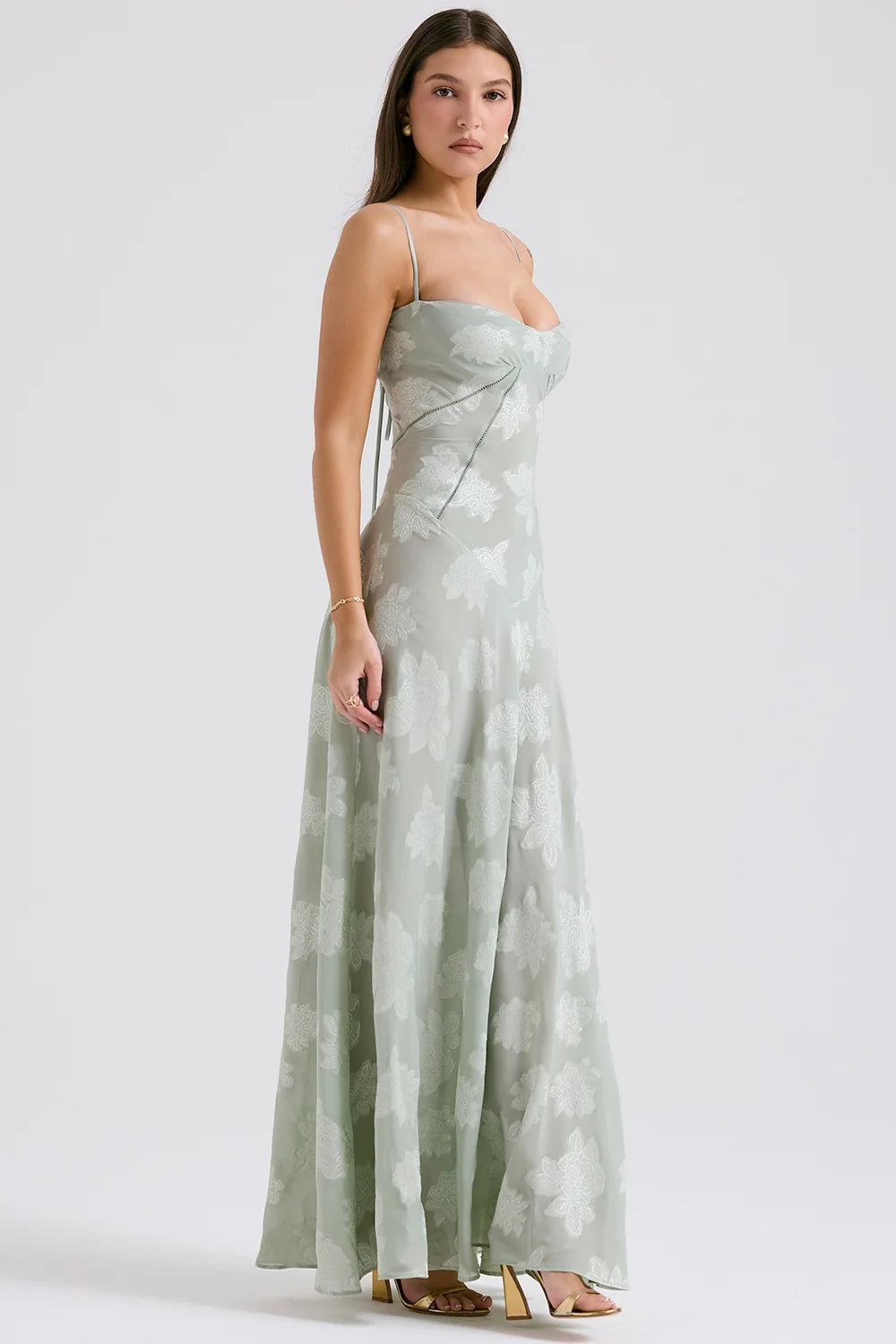pistachio floral lace back maxi dress