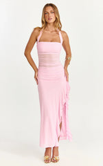 Almarie Midi Dress Halter Neck Mesh Dress in Pink