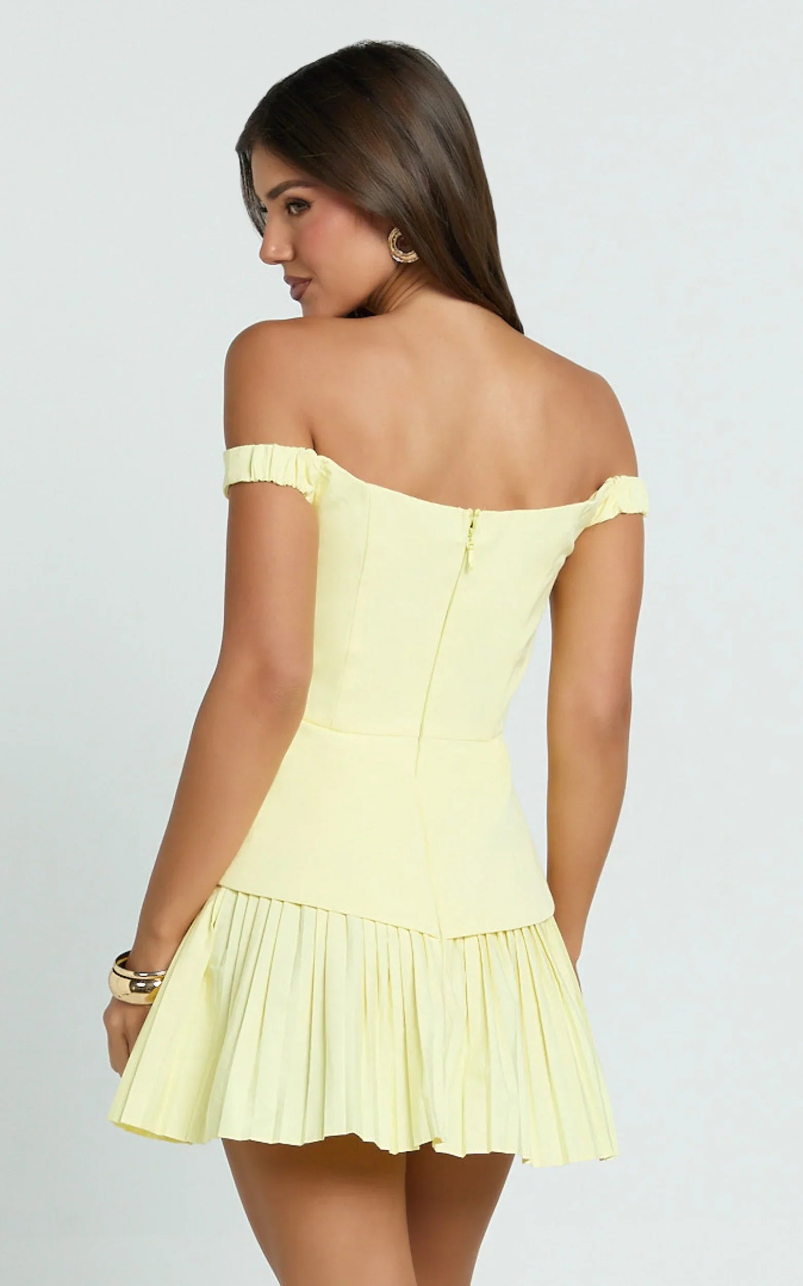 Izara Mini Dress Off Shoulder Pleated Dress in Lemon