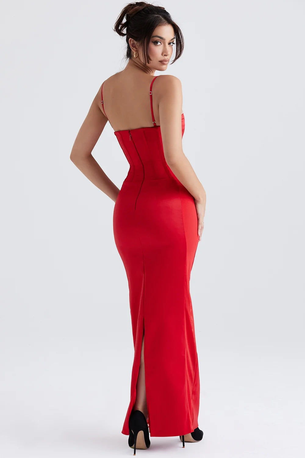 red satin corset maxi dress