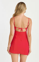 Gigi Mini Linen Blend Dress Sweetheart Tie Back Scallop Detail Dress in Red