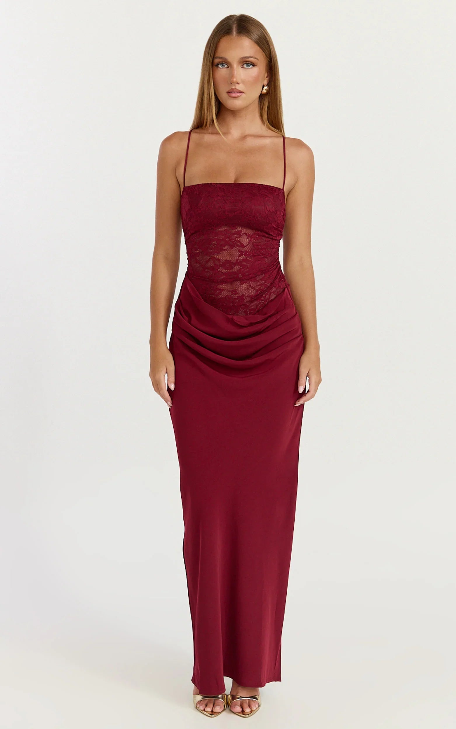 Rania Maxi Dress Contrast Lace Bodice Bias Cowl Drop Waist Dress in Wine