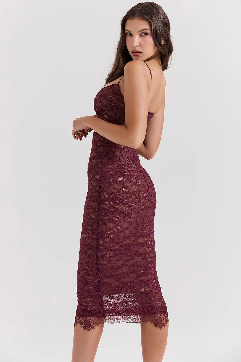 mulberry lace midi dress