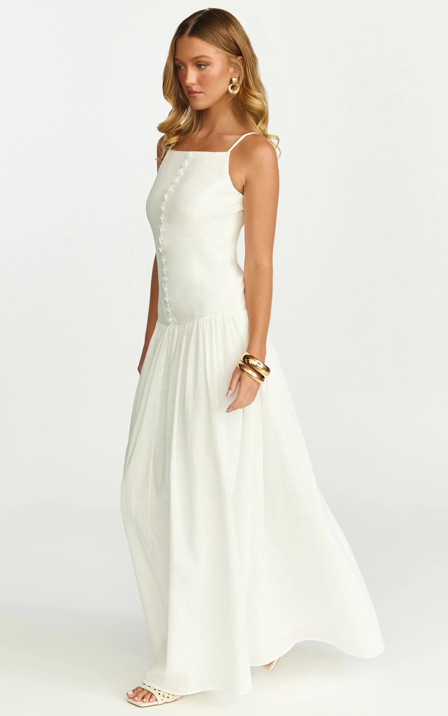 Cortez Maxi Dress Square Neck Button Down Dropped Waist Dress in White