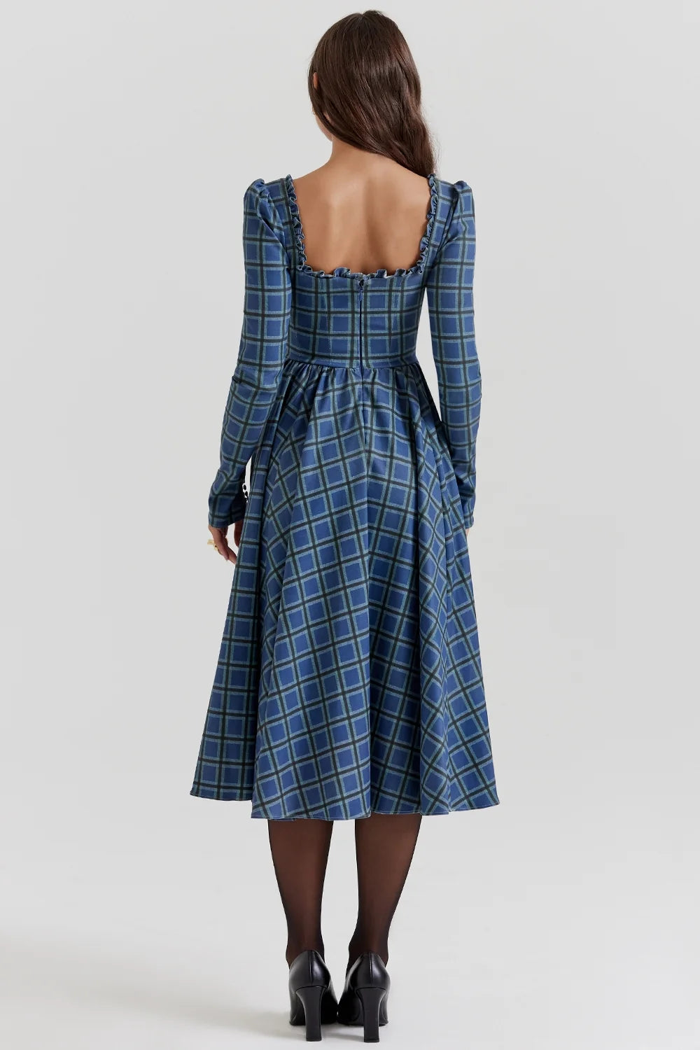 blue tartan midi dress