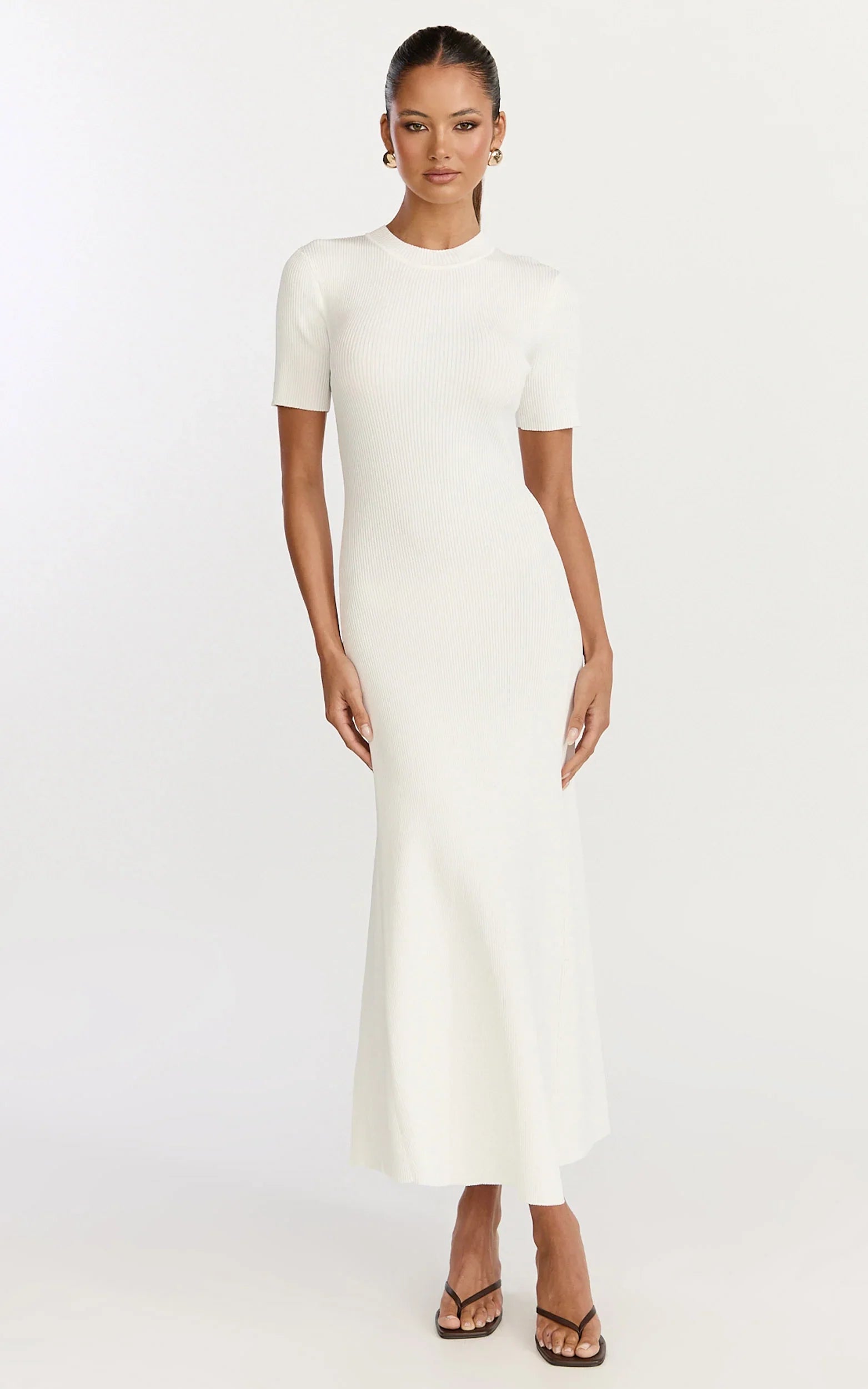 Lanie Midi Dress Knitted Crew Neck Short Sleeve Dress in Cream