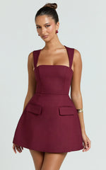 Garrett Mini Dress Square Neck Fit And Flare Dress in Wine
