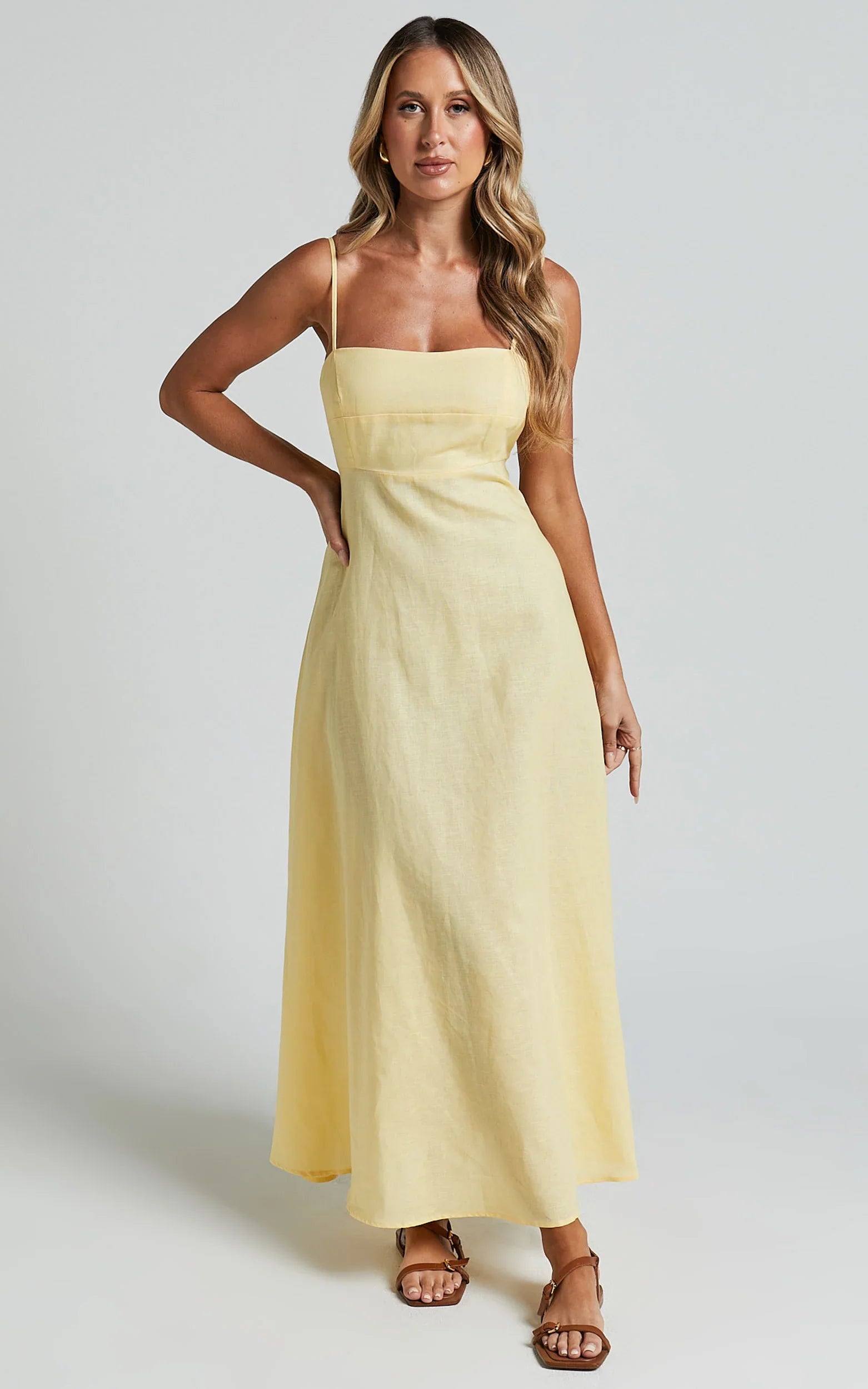 Brette Midi Dress Linen Straight Neck Strappy Fit And Flare Dress in Lemon