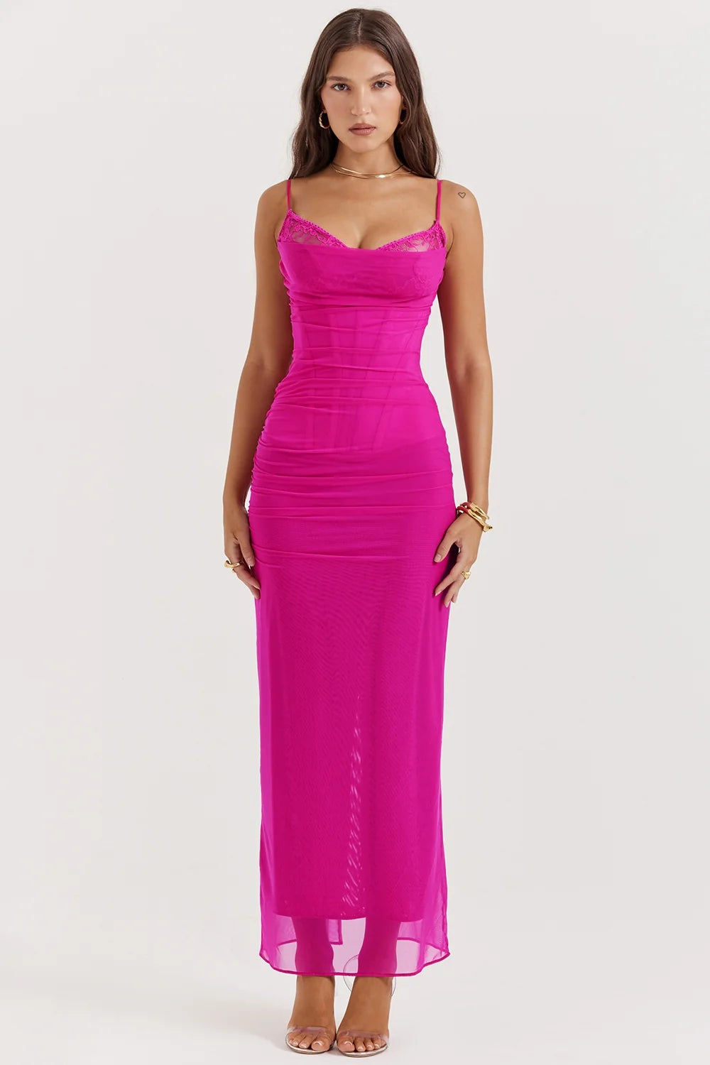 fuchsia stretch mesh maxi dress