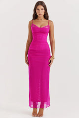 fuchsia stretch mesh maxi dress