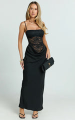 Rania Maxi Dress Contrast Lace Bodice Bias Cowl Drop Waist Dress in Black
